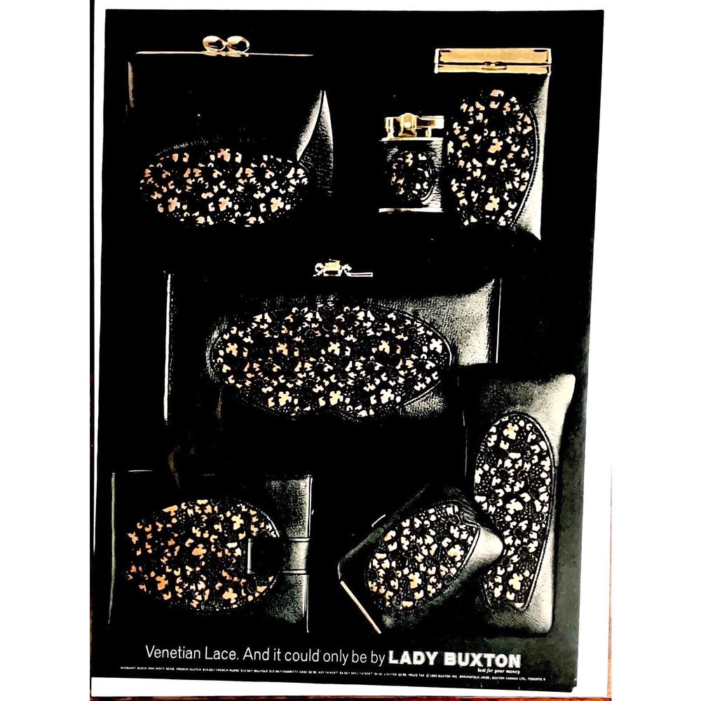 Vintage Lady Buxton Venetian Lave Wallets Purse Print Ad 1960s Black Fashion